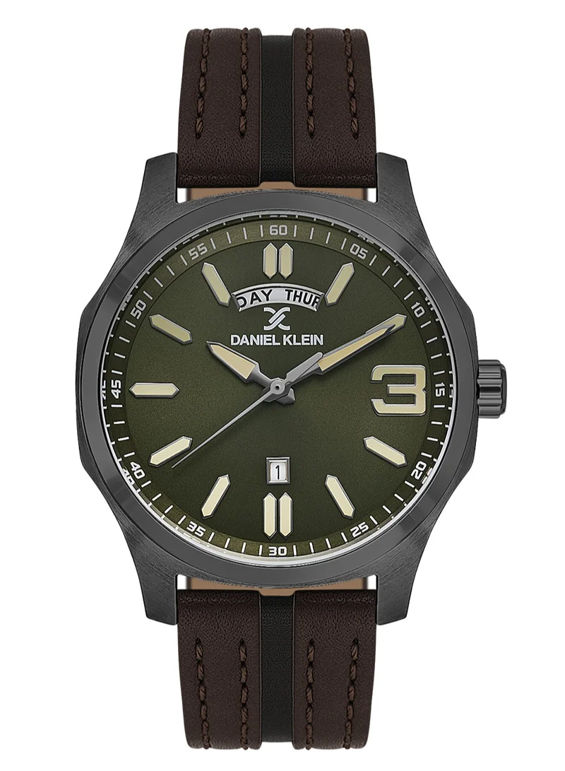 DANIEL KLEIN Men's Leather Black Alloy Case Analog Green Round Sunray Dial Japanese Quartz Premium 50 Meters Water Resistant